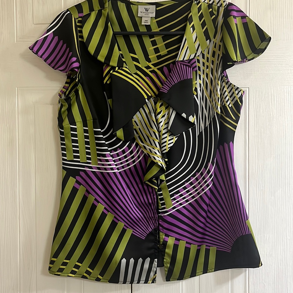 Worthington Silky Ruffle Short Sleeve Button Down Blouse